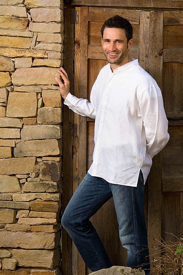 Long Sleeve 100% Linen Shirts w/banded collar - FLAT HEM